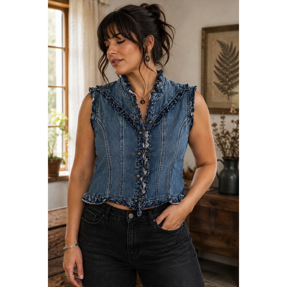 Venezia Denim Vest 14/16 Blue Ruffle Y2K Boho Western Plus Size Sleeveless